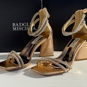 Badgley Mischka Lillie Crystal Dual-Strapped Block Heels in Champagne,VARIETY